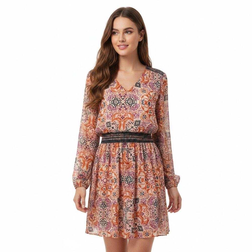 Vanessa Virginia Anthropologie Cover UP Mini Dress M Boho Smocked Long Sleeve